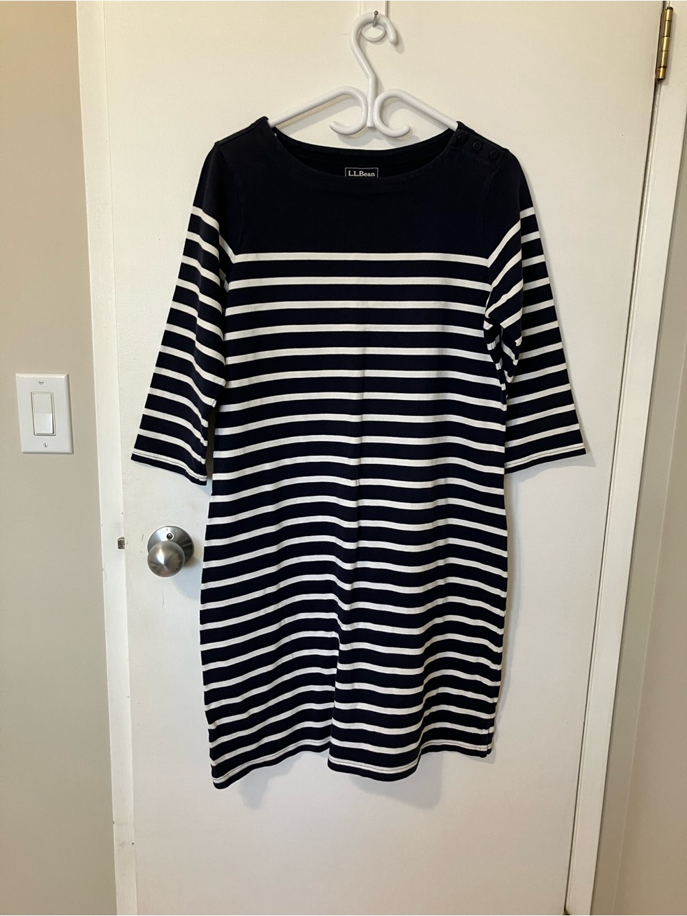 L.L. Bean Navy and White Striped Midi Boatneck Dress